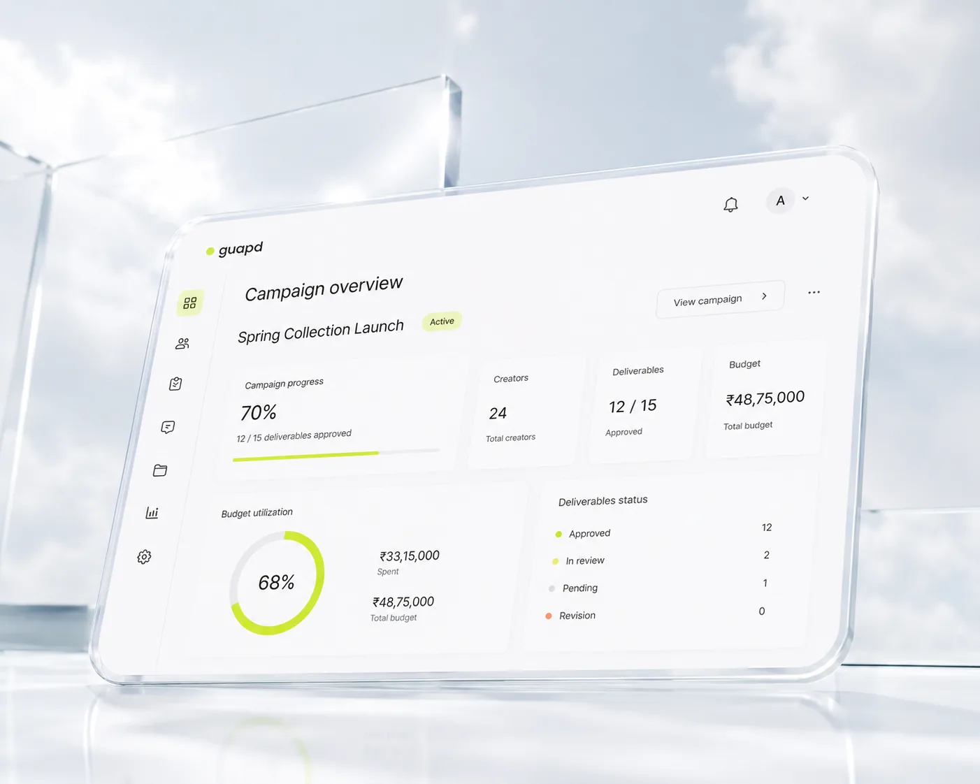 Glass panel showing campaign overview dashboard